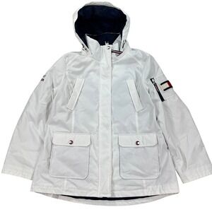 Vintage Tommy Hilfiger Jacket Women's XL White Quilted Lined Hooded Windbreaker‎